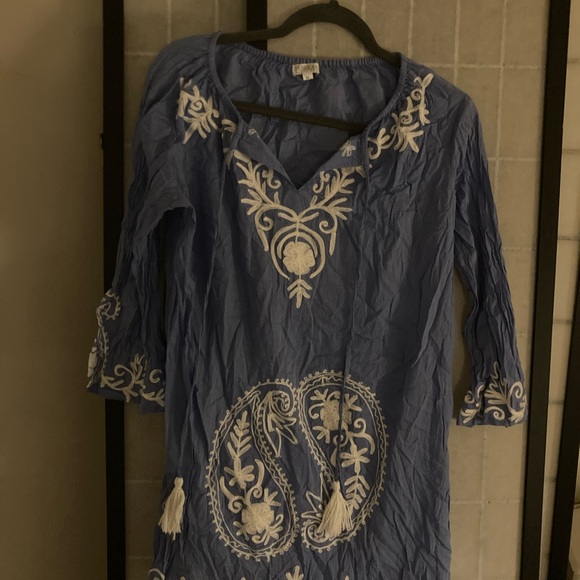 Debbie Katz Tops - Blue Embroidered Women's Tunic Top with Tassels Beach/Pool Cover-Up